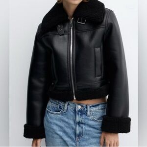 Mango Women's Black Faux Leather and Shearling Jacket